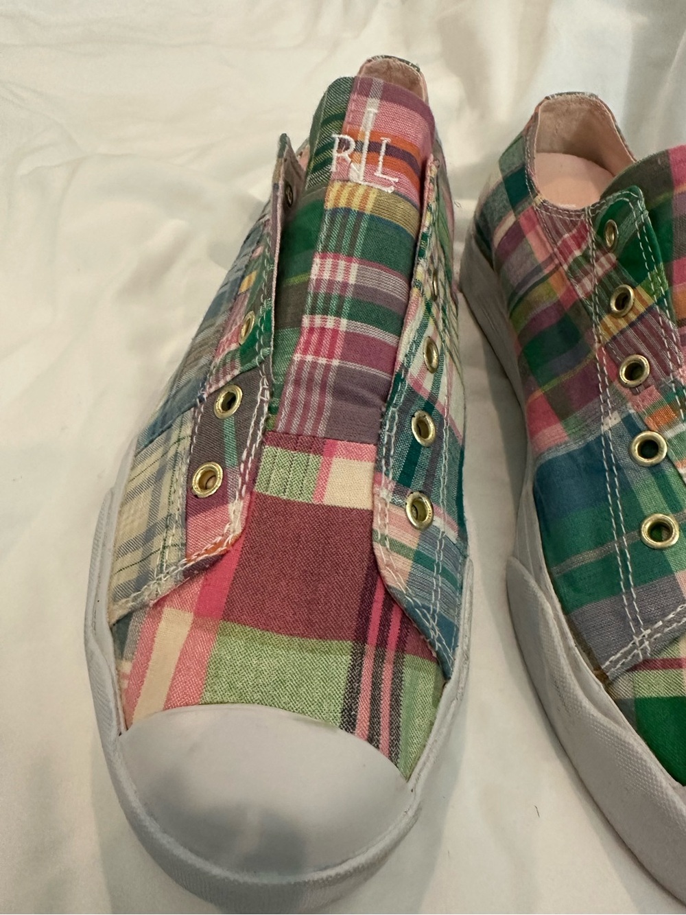 Ralph Lauren Plaid Slip-On Sneakers - Pink Green Blue Cream - Picture 6 of 10
